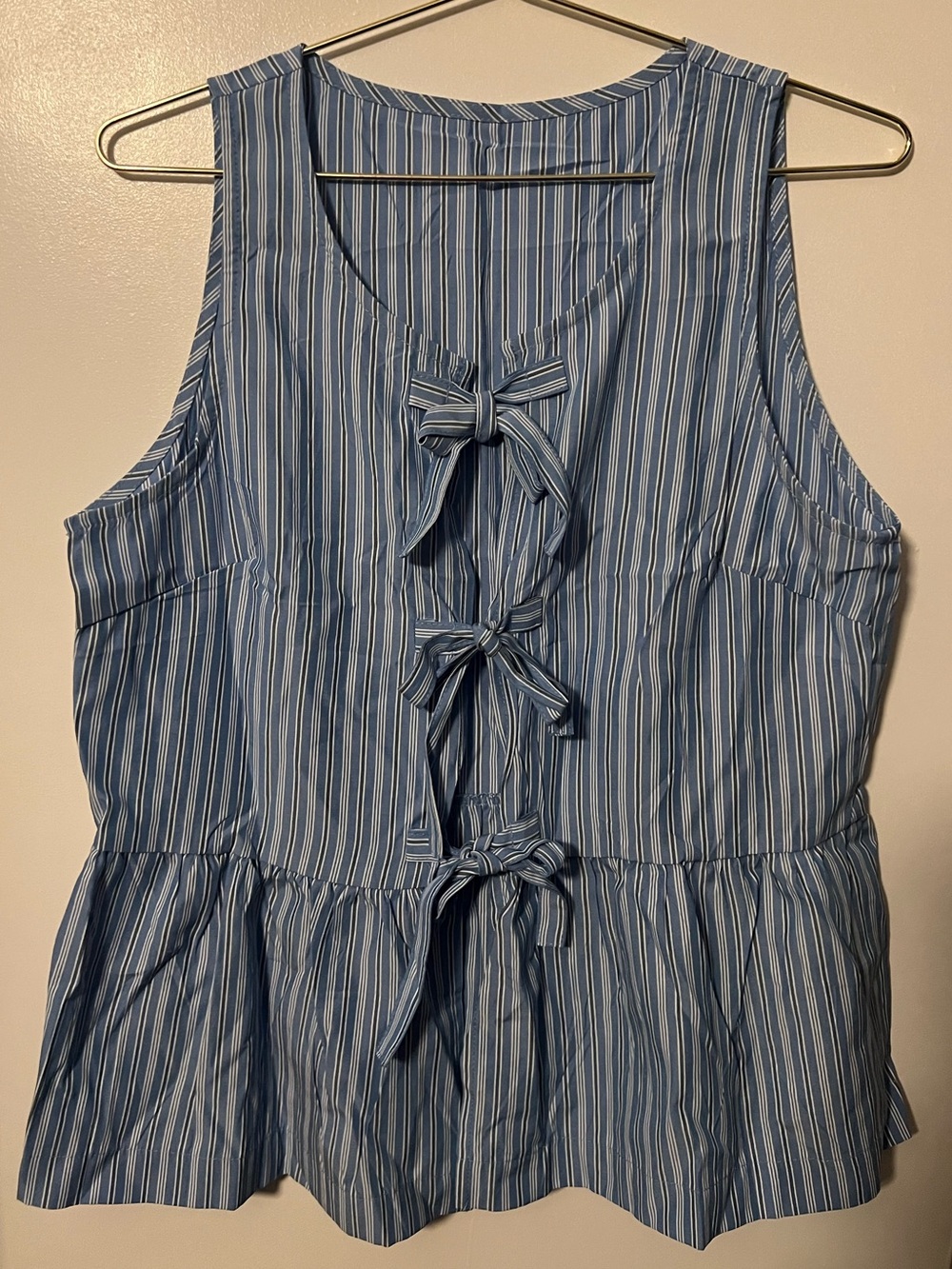 Blue Striped Tie-Front Sleeveless Peplum Top